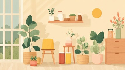 Modern indoor room with green potted plants, wooden furniture, decorative vases, wall shelf, and sunlight creating warm ambiance
