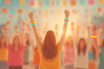 Young girl with red hair raising her arms in celebration during colorful indoor activity or group event