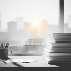 Bright Office Desk with Pile of Documents, Notebook, Cup of Pencils and Blurred City Skyline through Window