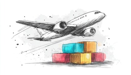 Hand-drawn sketch of airplane taking off, cargo containers below
