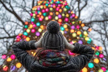 A person gazes up at a vibrant Christmas tree, adorned with colorful lights, on a cold winter's day.