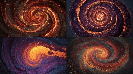 and keywords for the image, following your instructions
Four close-up abstractions of swirling orange and purple cosmic patterns in quadrants