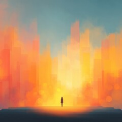 Silhouette of a Person Standing on Steps in Front of an Abstract Cityscape with Warm Sunset Colors and Overlapping