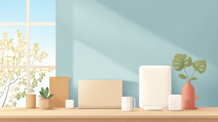 Minimalist interior scene with modern decor including potted plants, sleek white gadgets, and natural light streaming