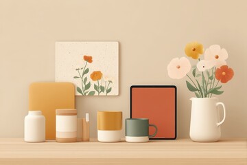 Minimalist Decorative Interior Display Featuring Vases Floral Artboard and Digital Tablet on Wooden Surface