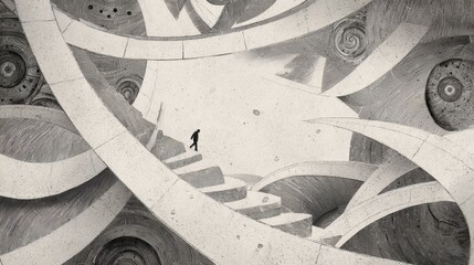 Minimalist black and white architectural interior with spiral stairs and abstract design elements, featuring a solitary