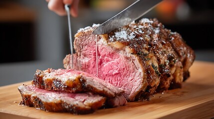 Slicing a juicy roast beef, capturing the tenderness of the meat and the flavorful juices that escape as the knife cuts through.