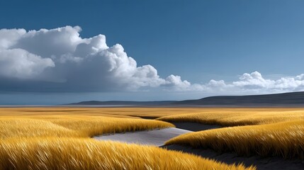 Expansive golden fields of tall grass stretch out towards a calm coastal inlet, with a dramatic cloudy sky overhead and a tranquil body of water reflecting the scenic view.