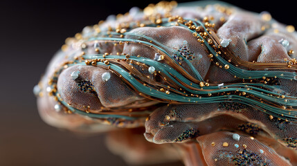 An artistic depiction of a human brain, its neural pathways intricately woven from glowing microscopic bacteria and organic patterns.