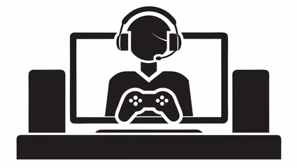 Illustration of a gamer with headset holding a controller in front of a computer with speakers on a desk