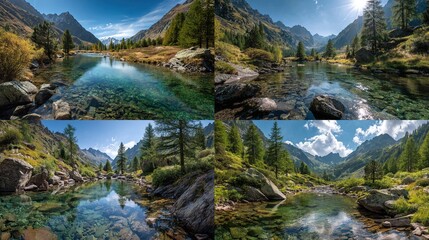Four-paneled nature scenes showcase a crystal-clear alpine lake, surrounded by mountains and foliage