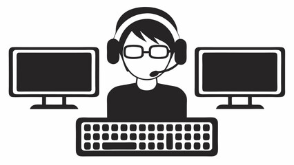 Illustration of a person with a headset and glasses sitting in front of two monitors and a keyboard