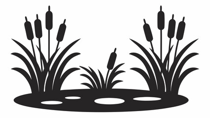 Silhouette illustration of cattails and reeds growing in a pond with small water puddles in black and white