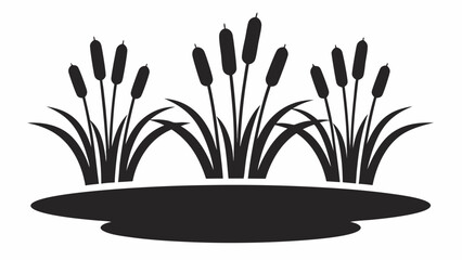 Black silhouette of cattails with leaves reflected in water on a white background illustration image