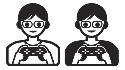 Illustration of two gamers with glasses holding game controllers in a simple black and white style