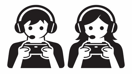 Illustration of two gamers with headsets holding controllers in a black and white graphic style