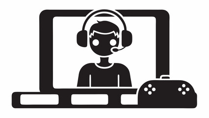 A gamer with headphones on a laptop screen with a game controller in front of the screen in black and white