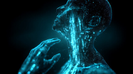 A holographic projection of a human silhouette with code flowing inside it.

