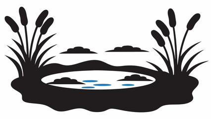 Silhouette of a pond with cattails and small bodies of water and hills in the background landscape