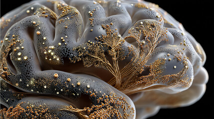 An artistic depiction of a human brain, its neural pathways intricately woven from glowing microscopic bacteria and organic patterns.