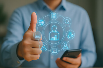 Professional leadership with technology innovation and thumbs up gesture supporting teamwork satisfaction and business growth