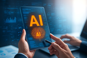 Professional presenting digital tablet with glowing artificial intelligence hologram showing innovation and smart technology