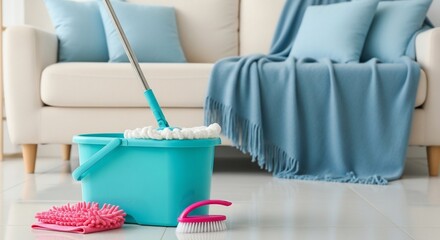 Close up of cleaning supplies with a mop bucket and pink cleaning cloth in a living room setting
