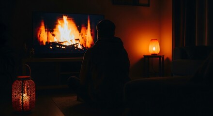 Person sitting in a dark room watching a fireplace on tv with lamps providing light ambiance