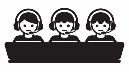 Three customer service representatives wearing headsets behind a desk in black and white illustration