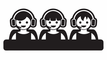 Three stylized figures wearing headsets and smiling representing customer service or support team members