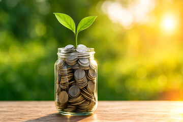 Savings growth concept with glass jar full of coins and small plant sprouting outdoors in sunlight symbolizing finance