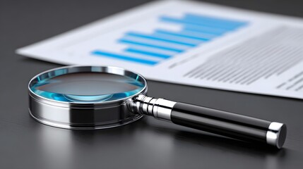 Close-up of a magnifying glass scrutinizing a detailed financial report or business analytics chart on a desktop, signifying the importance of data analysis and informed decision-making.