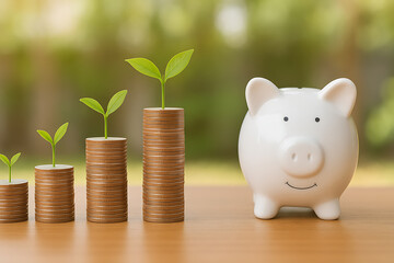 Savings growth concept with piggy bank and stacked coins sprouting green plants symbolizing financial investment success