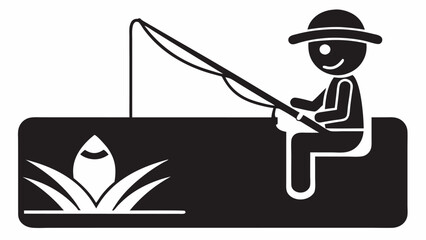 A cartoon man with a hat is fishing from a boat with a fishing rod and some reeds in the water nearby