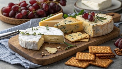 Various types of cheese with crackers and grapes on a wooden board