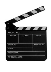 Obraz premium Ultra-close-up of a black film clapperboard, arm clapped down with dynamic rebound, subtle chalk dust, sharp white text on glossy surface, transparent background, cinematic production concept