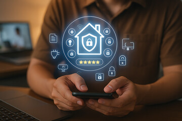 Smart home technology dashboard with digital lock icons representing mobile security system privacy protection and connected safety devices
