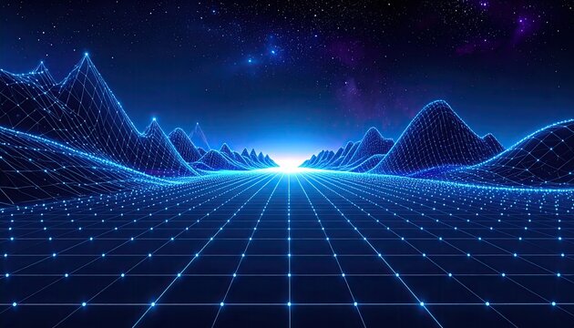 Abstract Digital Landscape with Glowing Grid and Starry Sky - Powered by Adobe