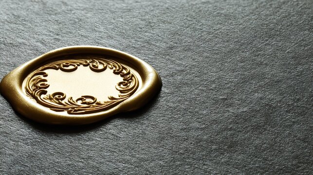 heraldry. A prestigious gold seal stands out against a dark textured backdrop, radiating ceremonial elegance. event programs.