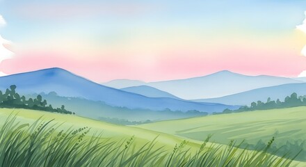 Fototapeta premium Serene Watercolor Landscape with Rolling Hills and a Soft Pastel Sky Morning Sunrise or Evening Sunset Abstract Artistic Background