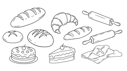 Bakery goods line art illustration hand-drawn vector set for menu design isolated on white