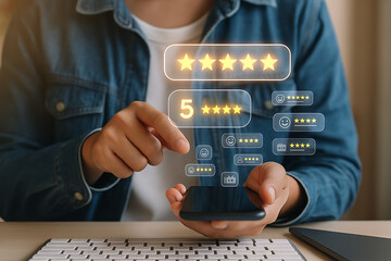 User leaving digital product review with five star rating on mobile application showing customer satisfaction and service quality evaluation