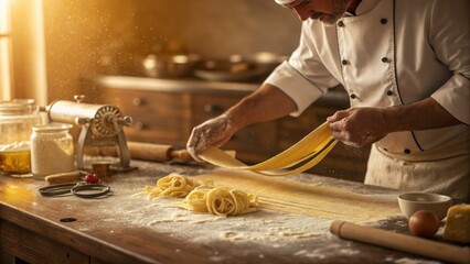 Chef preparing fresh pasta dough on wooden table in traditional kitchen