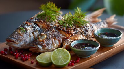 Two baked fish served with lime and side sauces, providing a savory and aromatic dish perfect for sharing.