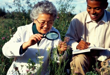Closeup portrait of two agricultural scientists conducting field research