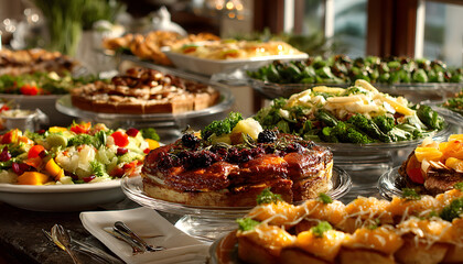 A buffet table filled with diverse food and drinks, prepared for a professional office meeting event