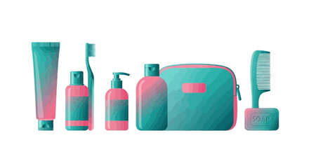 Essential travel kit, featuring toothbrush, toothpaste and cosmetic bag illustration