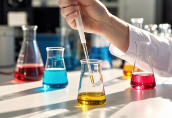 Extreme closeup of a scientist's hand conducting delicate experiments with liquids