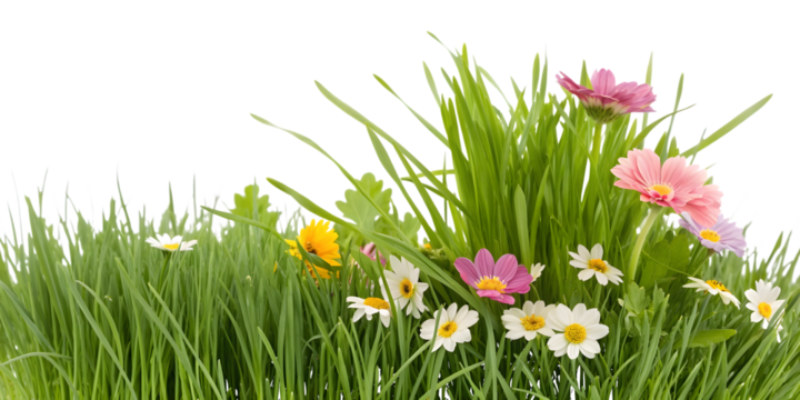 Lush Green Grass with Pink and Yellow Wildflowers on White Background pink flowers isolated on a transparent background - Powered by Adobe