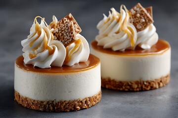 Two elegant cheesecakes, each layered with a flaky pastry crust, topped with a smooth, creamy filling and a slight touch of caramel.